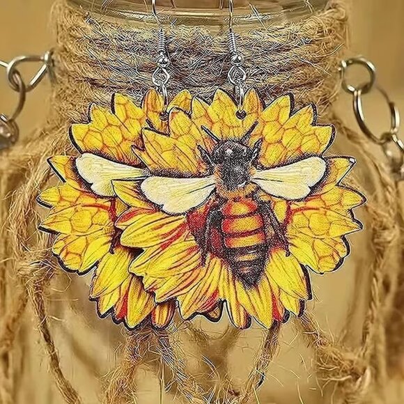 Wooden BEE Sunflower Dangle Earrings - Picture 2 of 3